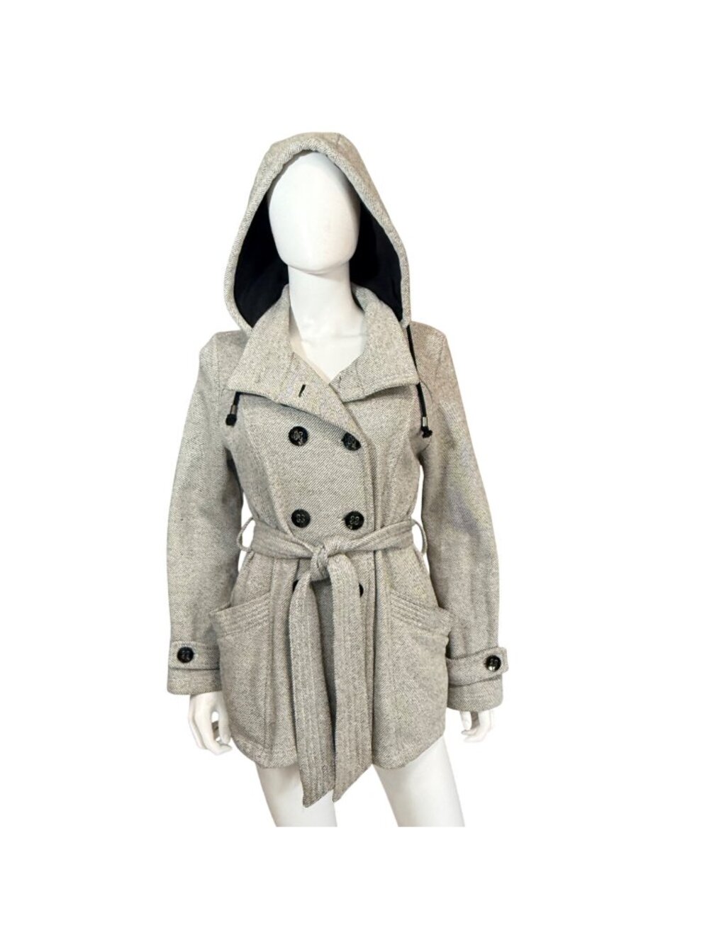 Sebby Hooded Coat Womens M Gray Cotton Blend Double Breasted Belted Twill